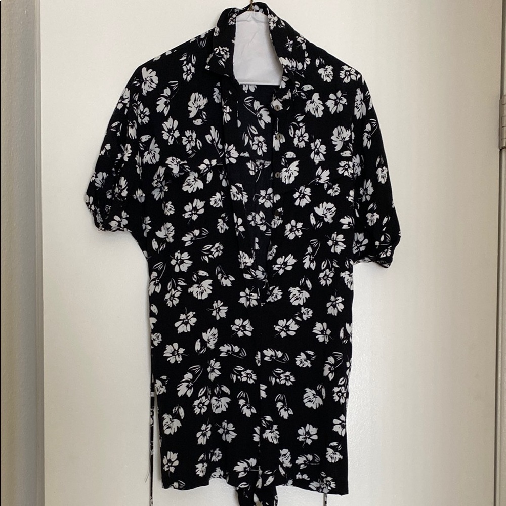 Black and White Floral Button-Up Shorts Romper
